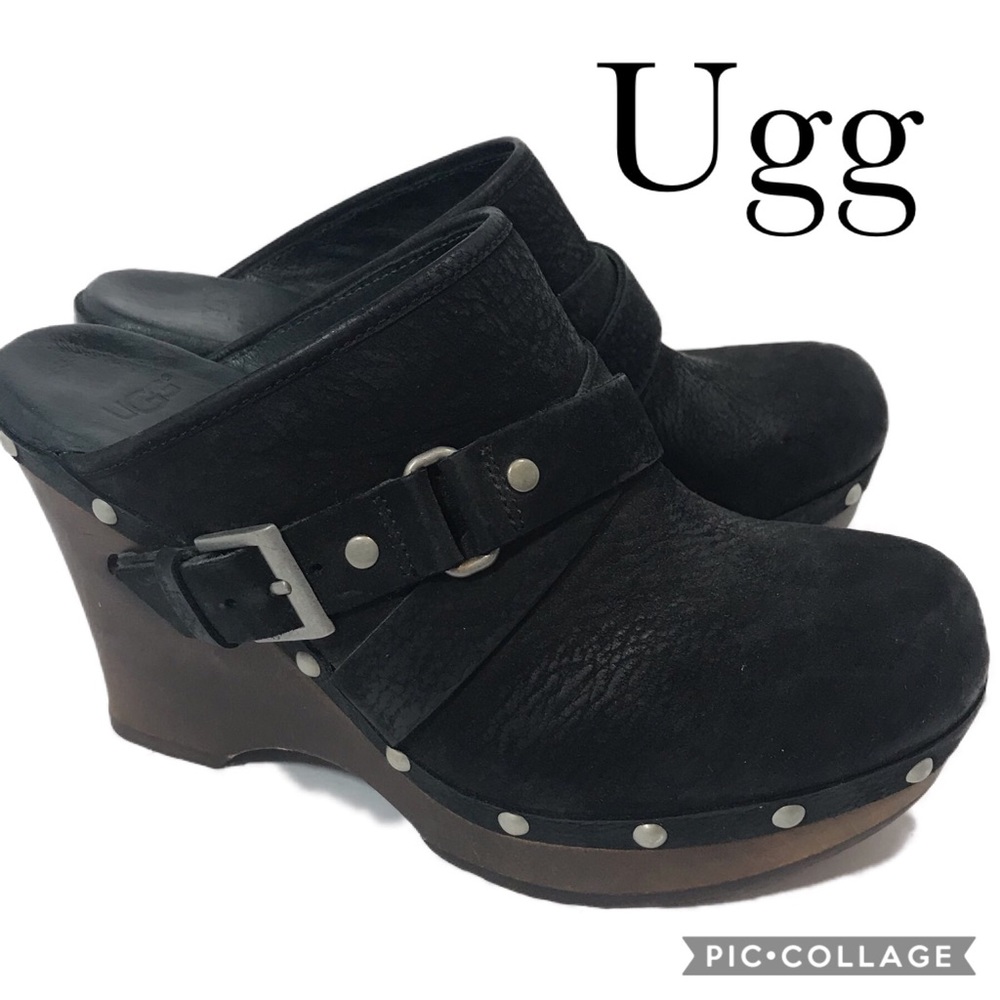 UGG Black Leather Mules with Brown Wedge